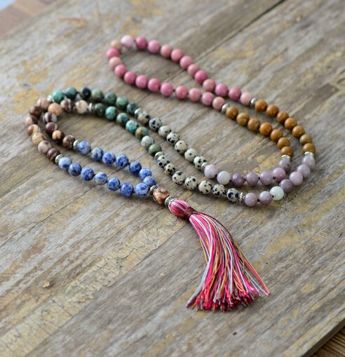 Natural Kunzite, Jasper, Sodalite, African Turquoise & Rhodonite 108 Beads Mala