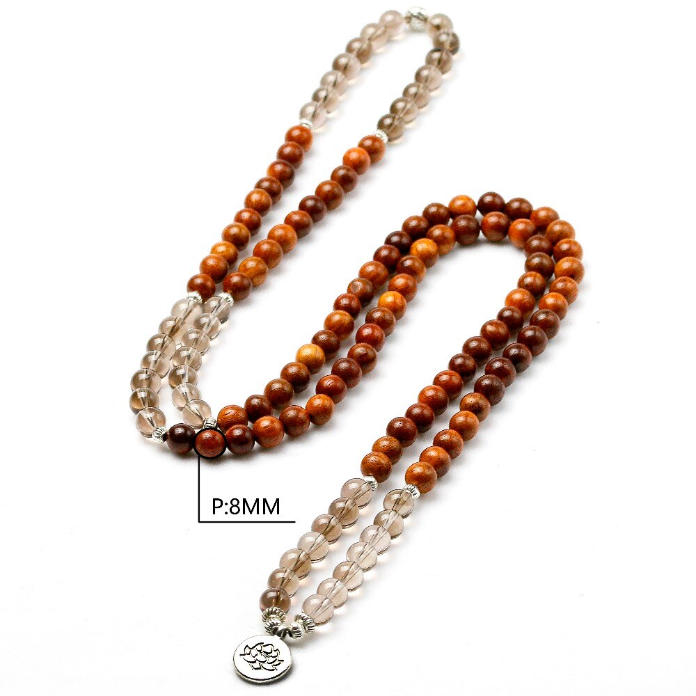 Natural Smoky Quartz & Wood 108 Mala Beads Necklace / Bracelet