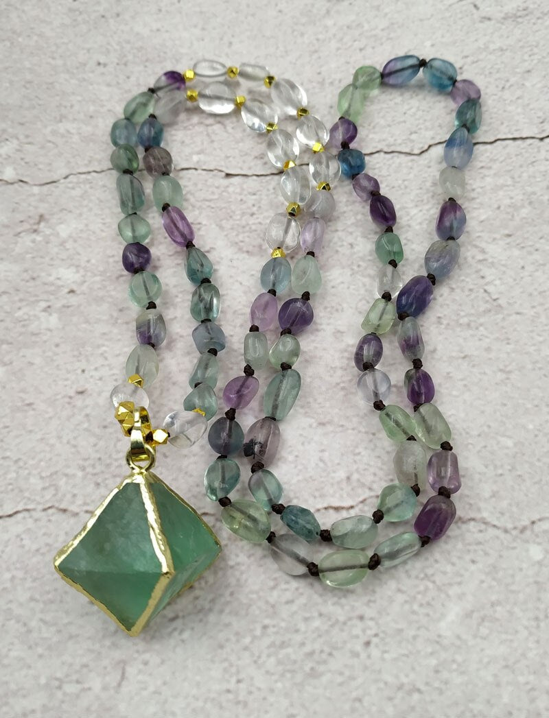 Natural Fluorite Mala Necklace & Octahedron Pendant