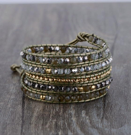 Natural Labradorite & Crystals Leather Wrap Bracelet