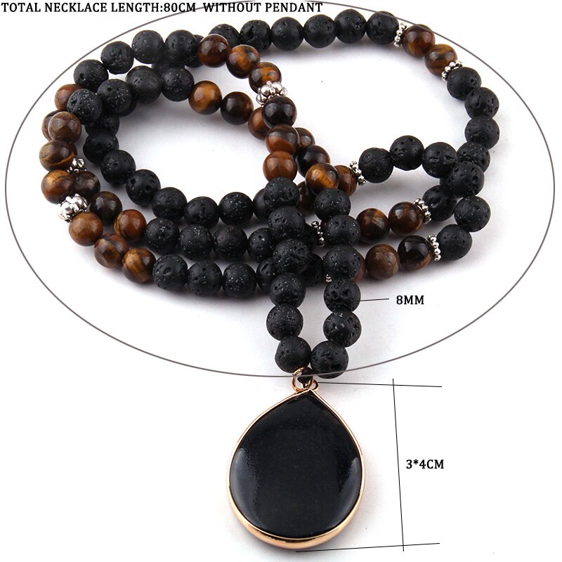 Natural Lava Stone, Tiger's Eye and Black Onyx Pendant Aromatherapy Necklace