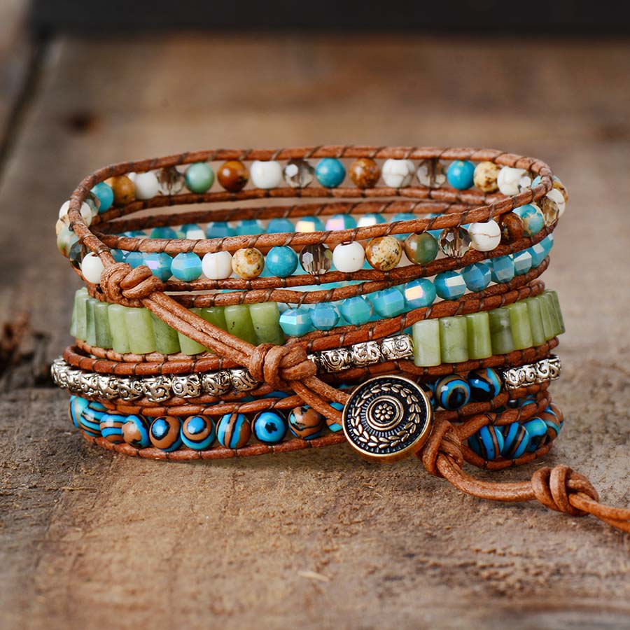 Natural Turquoise Jasper Leather Wrap Bracelet