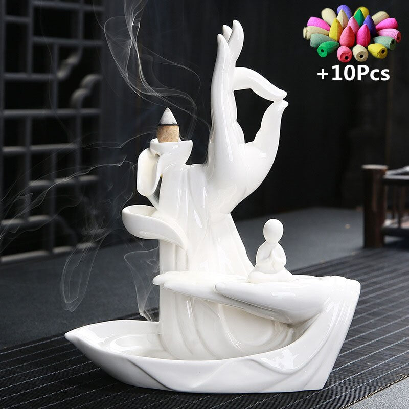 White Buddha Hand & Lotus Backflow Incense Burner