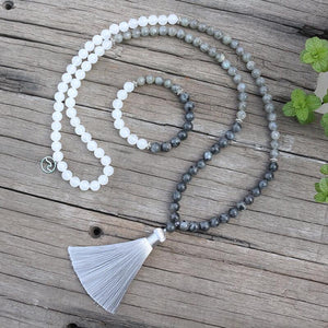 Natural Labradorite & White Quartz 108 Mala Beads Necklace