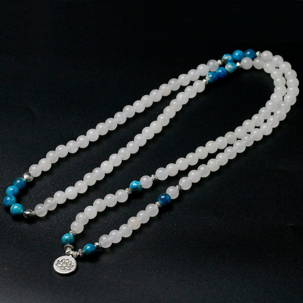 Natural White Quartz & Apatite 108 Mala Beads Necklace / Bracelet