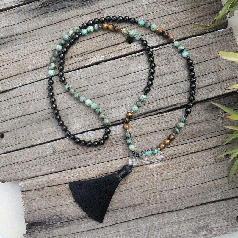 Natural Black Onyx, African Turquoise & Tiger Eye 108 Mala Beads Necklace / Bracelet