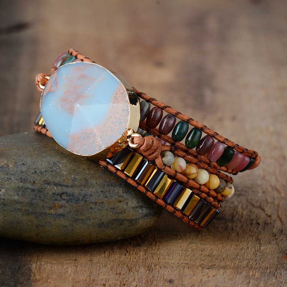 Natural Agate, Jasper & Crystals Leather Wrap Bracelet