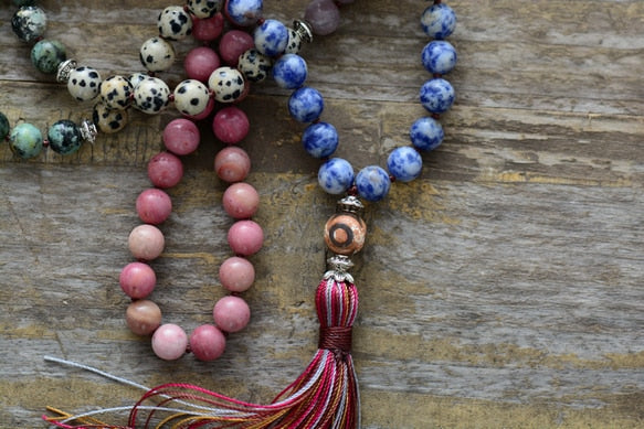 Natural Kunzite, Jasper, Sodalite, African Turquoise & Rhodonite 108 Beads Mala