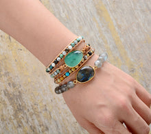 Load image into Gallery viewer, Natural Turquoise, Onyx, Lava Beads &amp; Jade Charm Leather Wrap Bracelet
