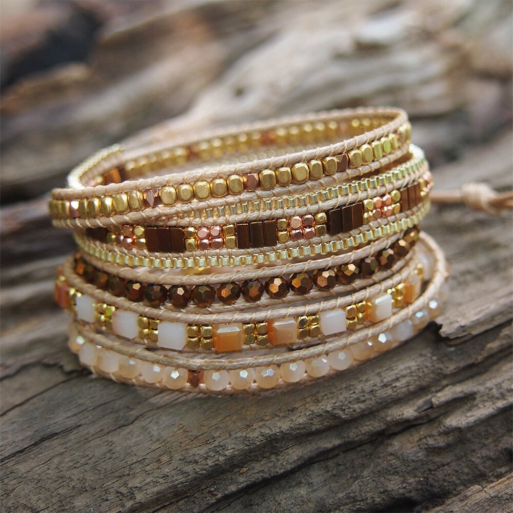 Bronze Crystal and Brass Beaded Leather Wrap Bracelet