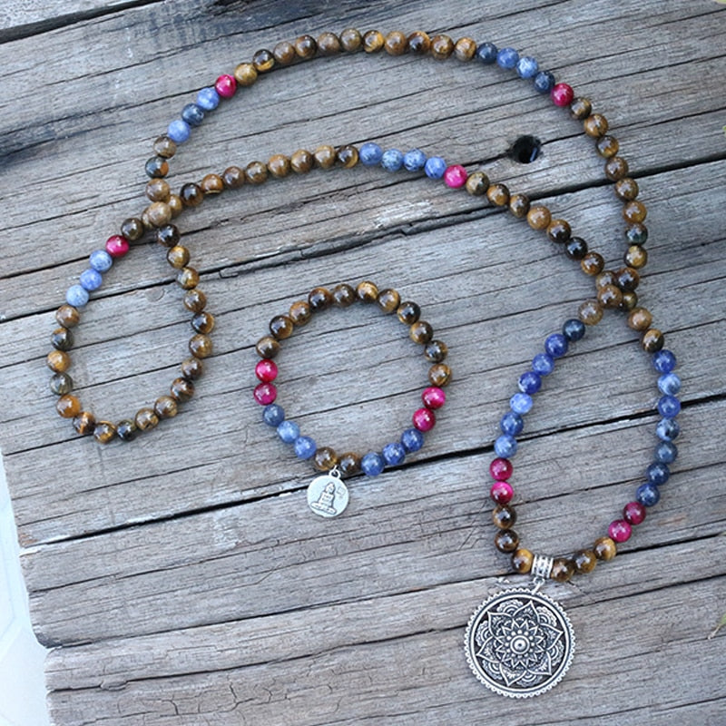 Natural Tiger's Eye & Sodalite 108 Beads Mala Necklace / Bracelet