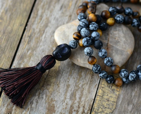 Natural Tiger Eye & Snowflake Obsidian Skull Necklace