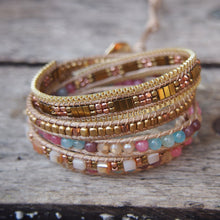 Load image into Gallery viewer, Natural Multi-Coloured Gemstones &amp; Brass Beads Leather Wrap Bracelet
