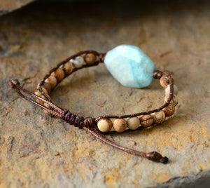 Natural Picture Japser Beads & Amazonite Woven Wrap Bracelet
