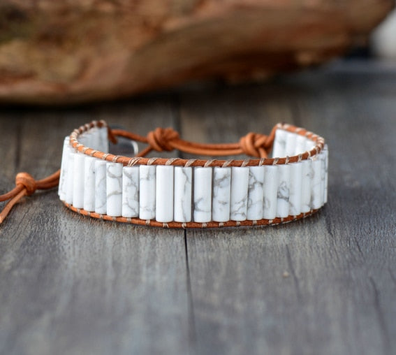 Natural Howlite Leather Wrap Bracelet