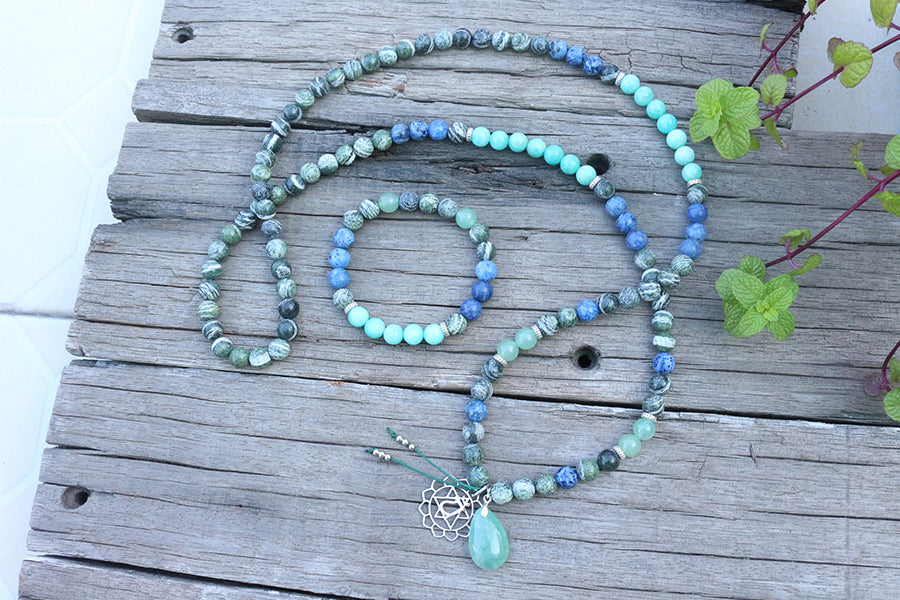 Natural Amazonite, Aventurine & Jasper Heart Chakra 108 Mala Beads Necklace