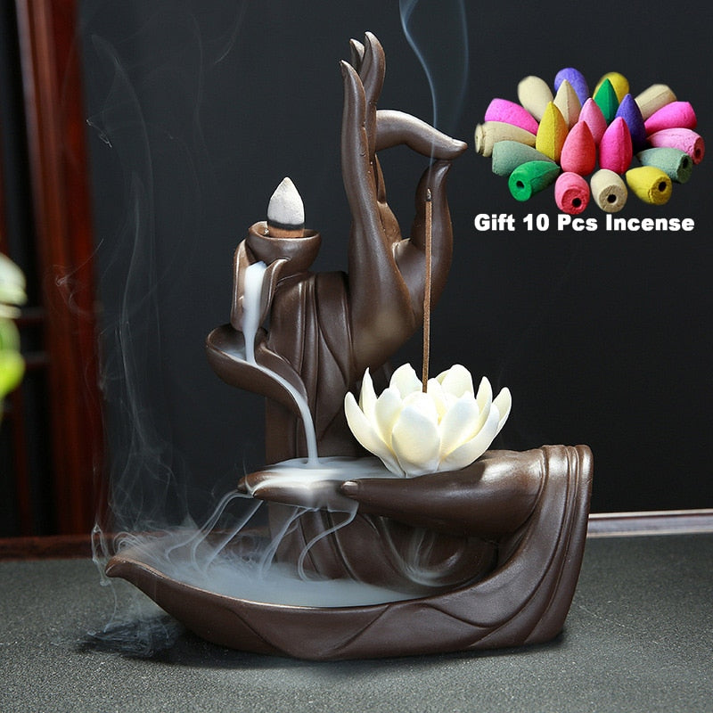 White Buddha Hand & Lotus Backflow Incense Burner