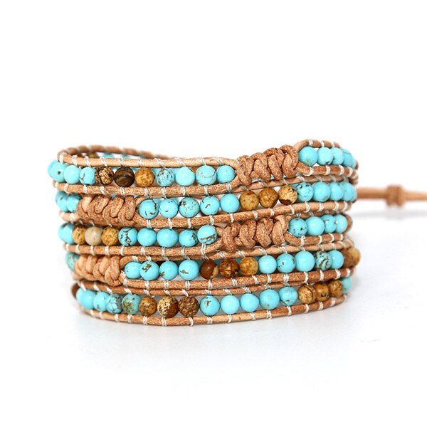 Natural Turquoise & Picture Jasper Knotted Leather Wrap Bracelet