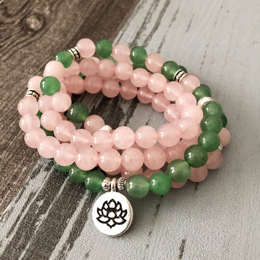 Natural Rose Quartz & Aventurine 108 Mala Beads Necklace / Bracelet