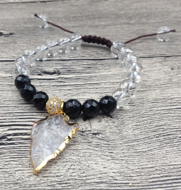 Natural Clear Quartz, Black Obsidian & Gilded Arrowhead Beaded Bracelet