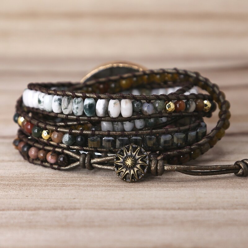 Natural Labradorite, Mixed Agate Beads, Rhodonite & Crystals Leather Wrap Bracelet