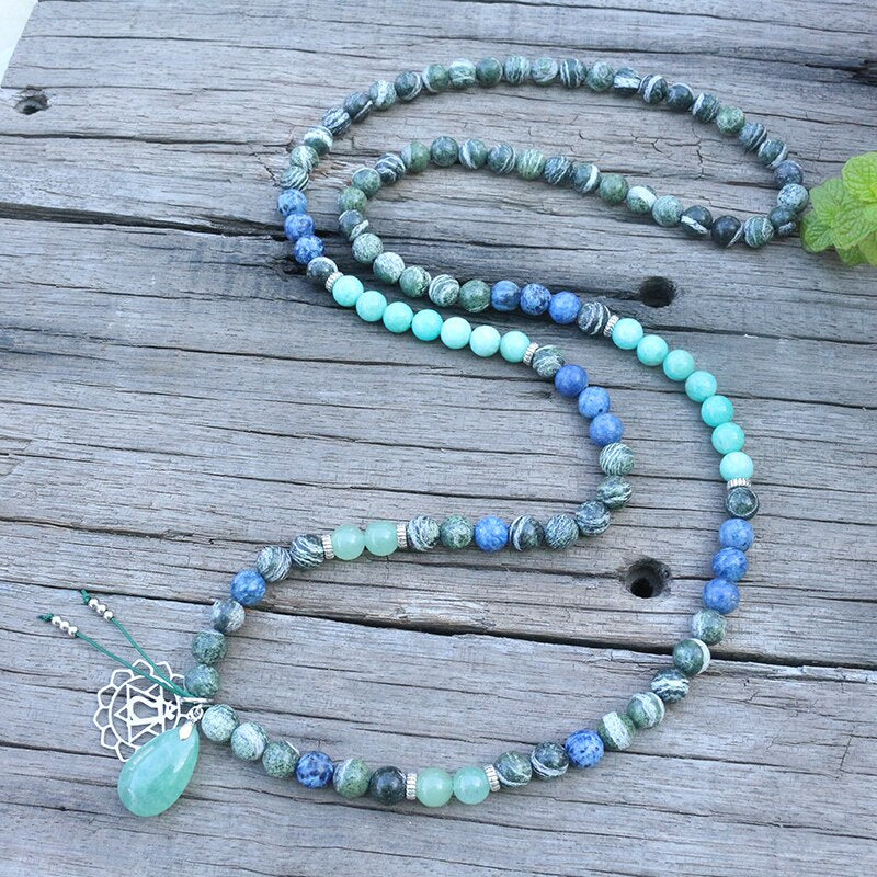 Natural Amazonite, Aventurine & Jasper Heart Chakra 108 Mala Beads Necklace