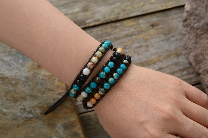 Natural Jasper & Lava Stones Leather Wrap Bracelet