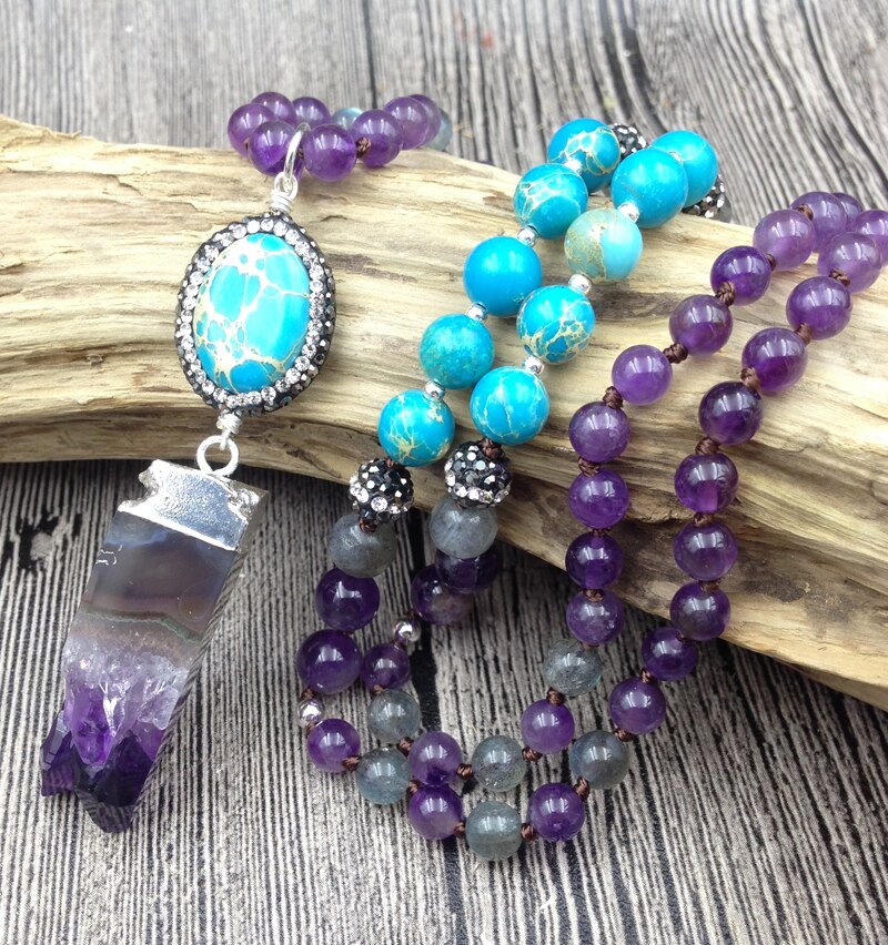 Natural Labradorite, Jasper & Amethyst 108 Mala Beads Druzy Necklace