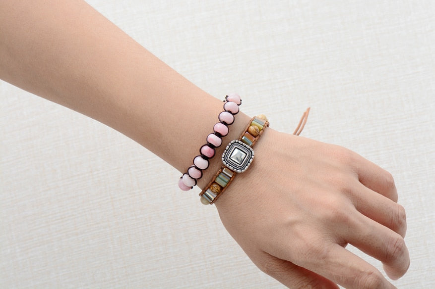 Natural Pink Opal Beaded Wrap Bracelet