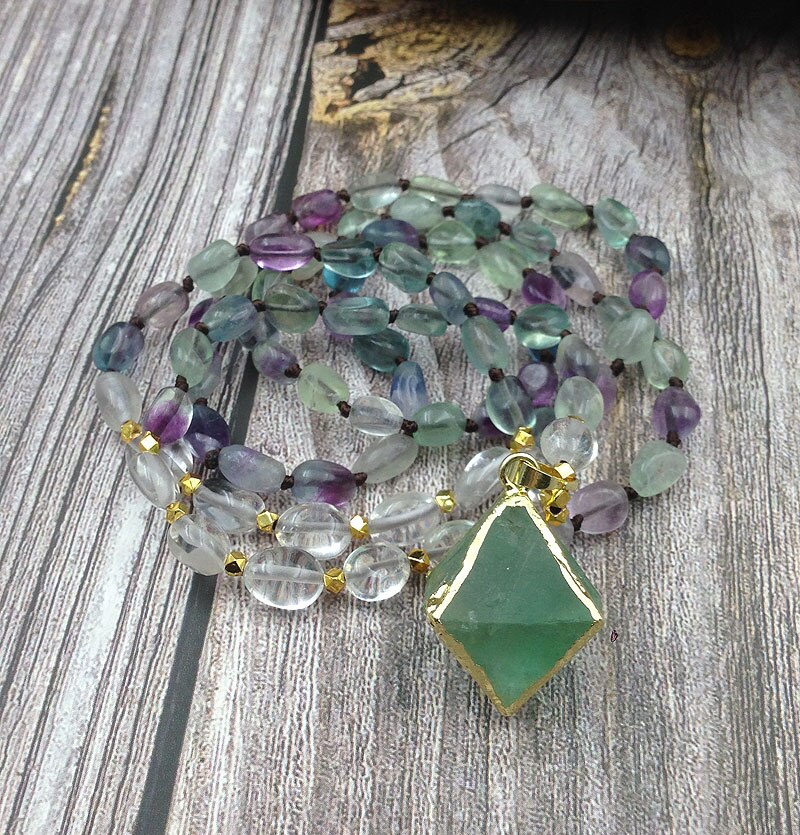 Natural Fluorite Mala Necklace & Octahedron Pendant