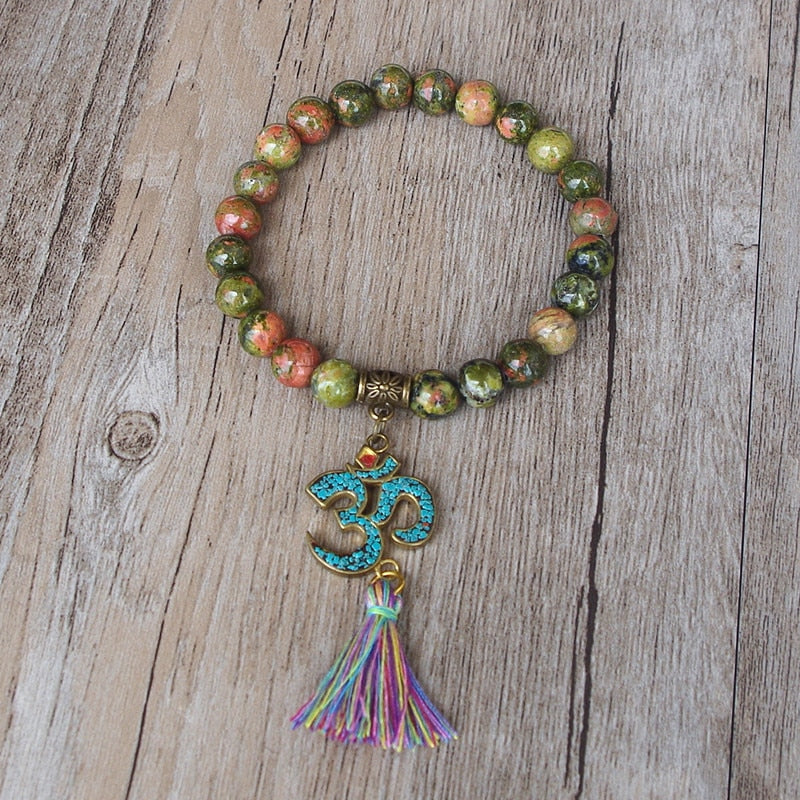 Natural Unakite Jasper OM Tibetan Bracelet