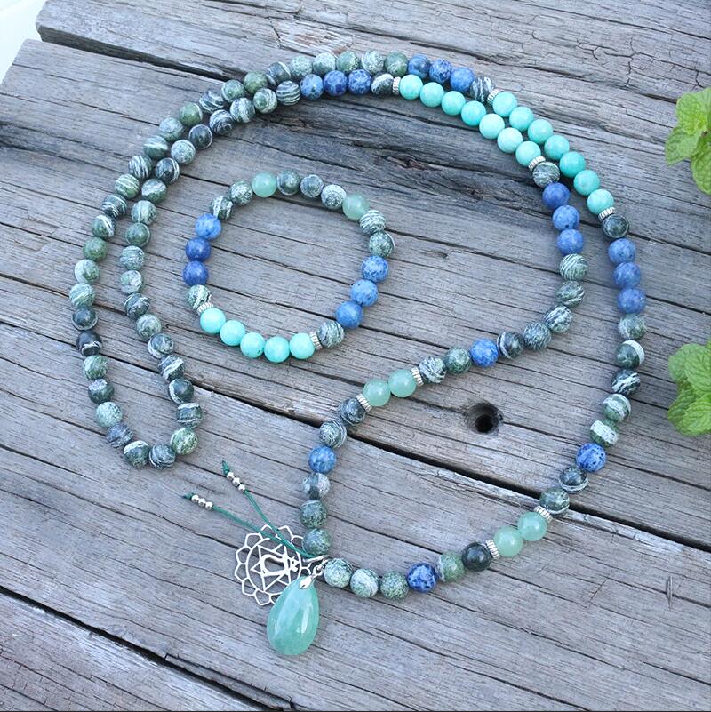 Natural Amazonite, Aventurine & Jasper Heart Chakra 108 Mala Beads Necklace