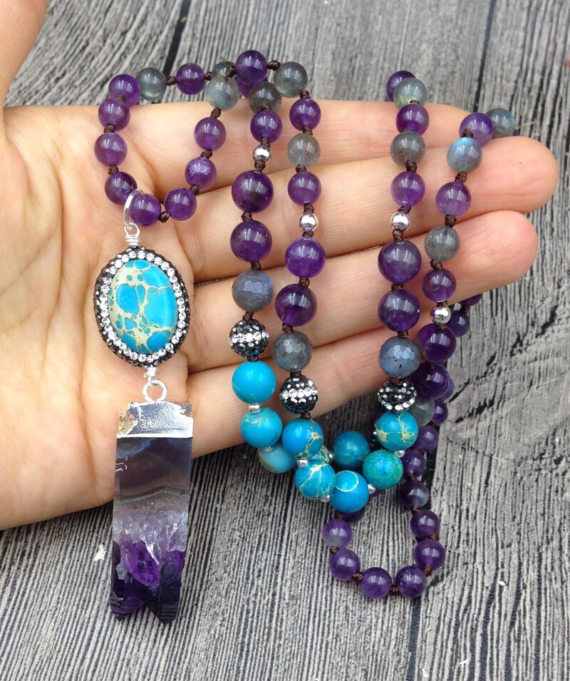 Natural Labradorite, Jasper & Amethyst 108 Mala Beads Druzy Necklace