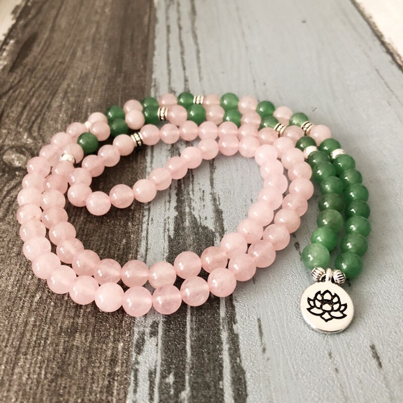 Natural Rose Quartz & Aventurine 108 Mala Beads Necklace / Bracelet