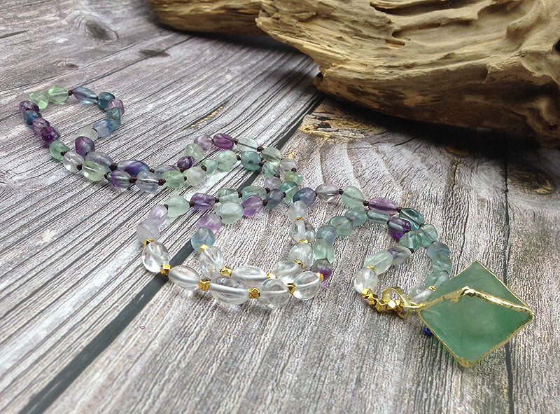 Natural Fluorite Mala Necklace & Octahedron Pendant