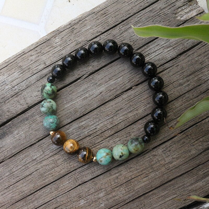 Natural Black Onyx, African Turquoise & Tiger Eye 108 Mala Beads Necklace / Bracelet