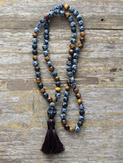 Natural Tiger Eye & Snowflake Obsidian Skull Necklace