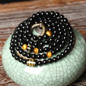 Natural Black Onyx  & Tiger Eye Tibetan 108 Mala Beads Necklace / Bracelet