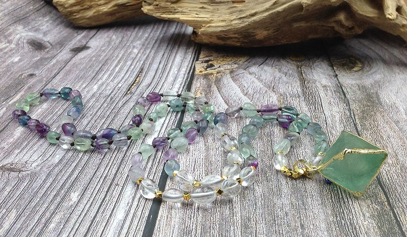 Natural Fluorite Mala Necklace & Octahedron Pendant