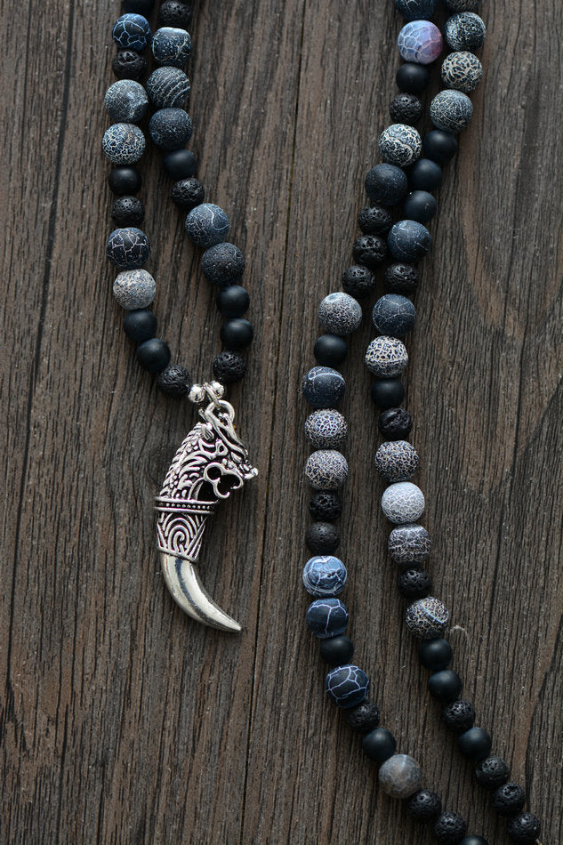 Natural Onyx, Lava Stones & Jasper Beaded Necklace with Dragon Tusk Pendant