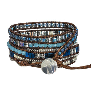 Plated Brass Beads, Crystal & Hematite Leather Wrap Bracelet