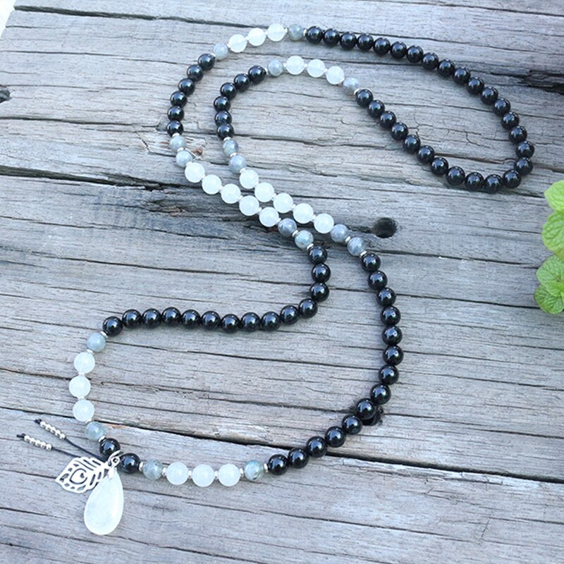 Natural Black Onyx, Labradorite & White Quartz 108 Mala Beads Necklace
