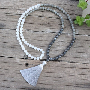 Natural Labradorite & White Quartz 108 Mala Beads Necklace