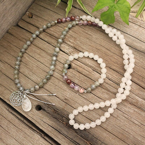 Natural White Quartz, Ghost Amethyst & Labradorite 108 Beads Mala Crown Chakra Necklace / Bracelet