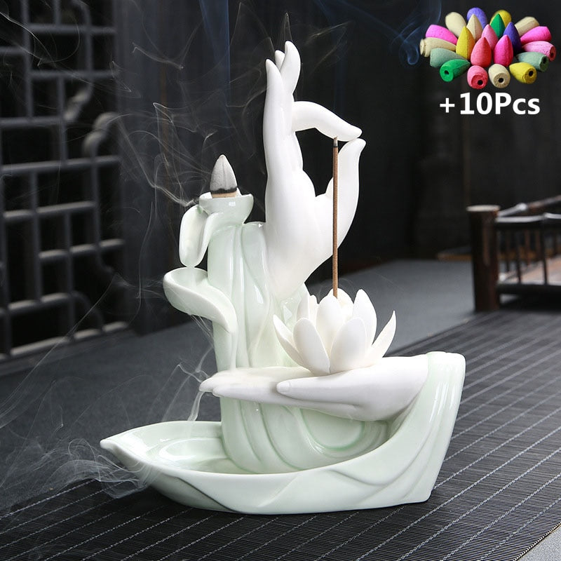 White Buddha Hand & Lotus Backflow Incense Burner