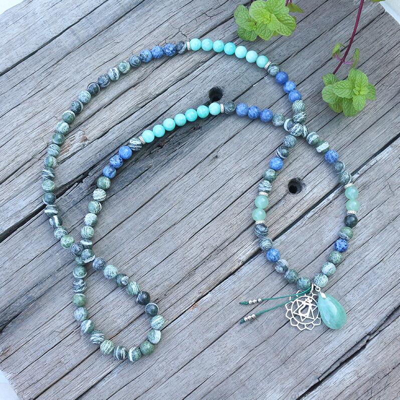 Natural Amazonite, Aventurine & Jasper Heart Chakra 108 Mala Beads Necklace