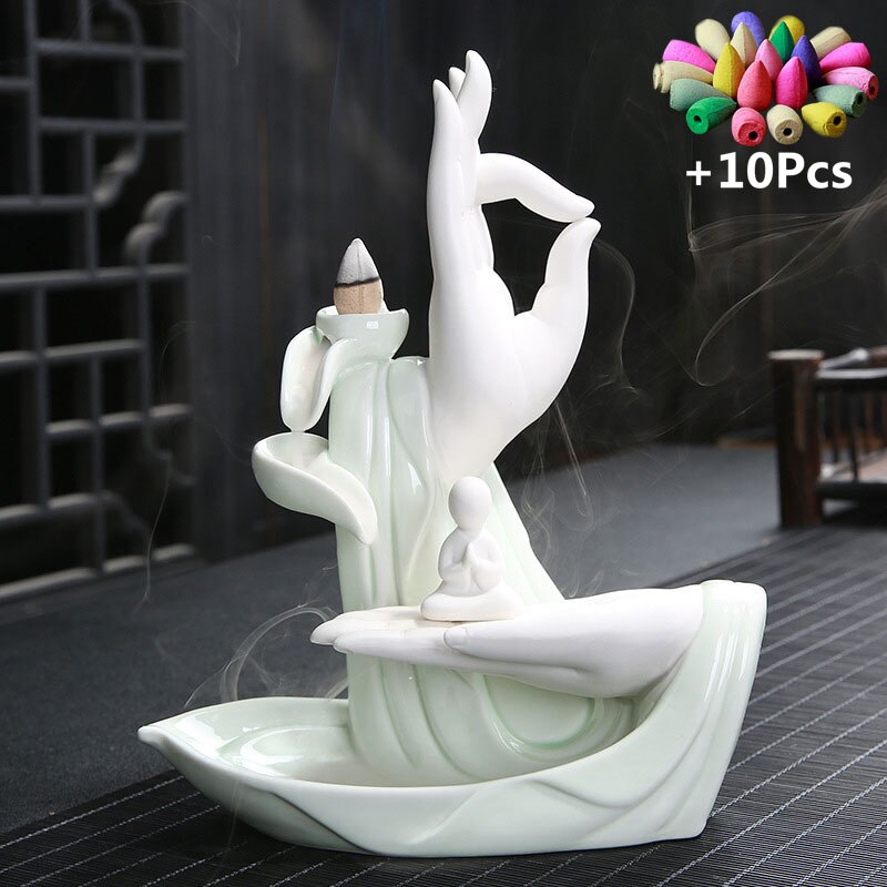 White Buddha Hand & Lotus Backflow Incense Burner