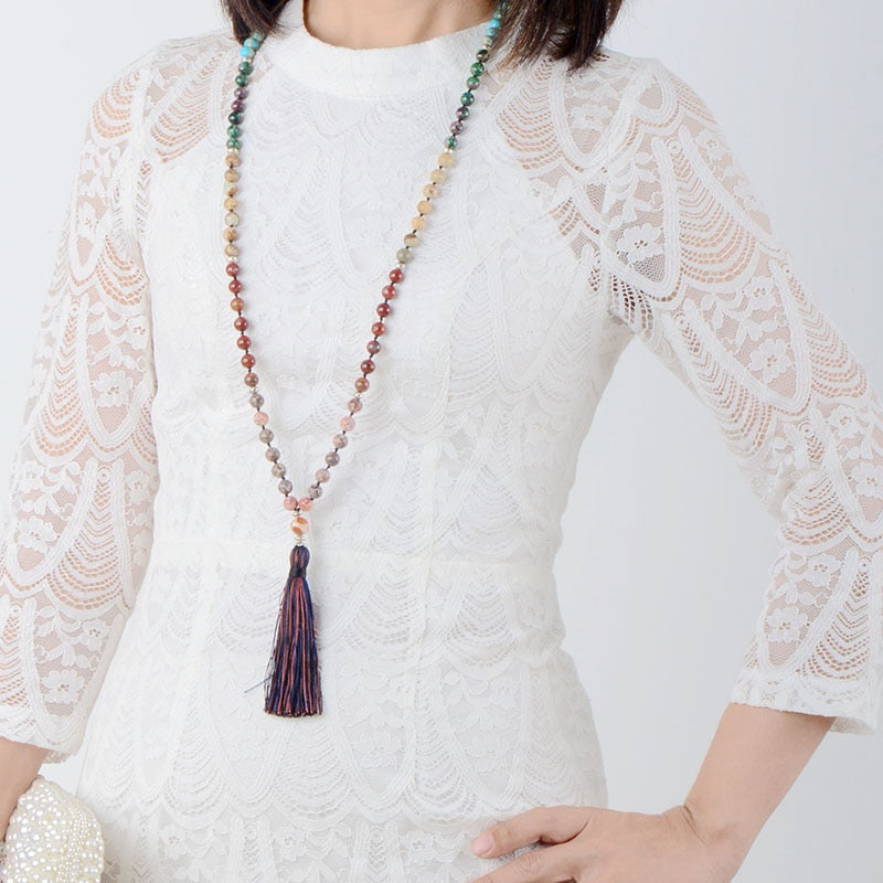 108 Natural Amethyst, Jasper, Lapis Lazuli & Agate Bead Mala Necklace