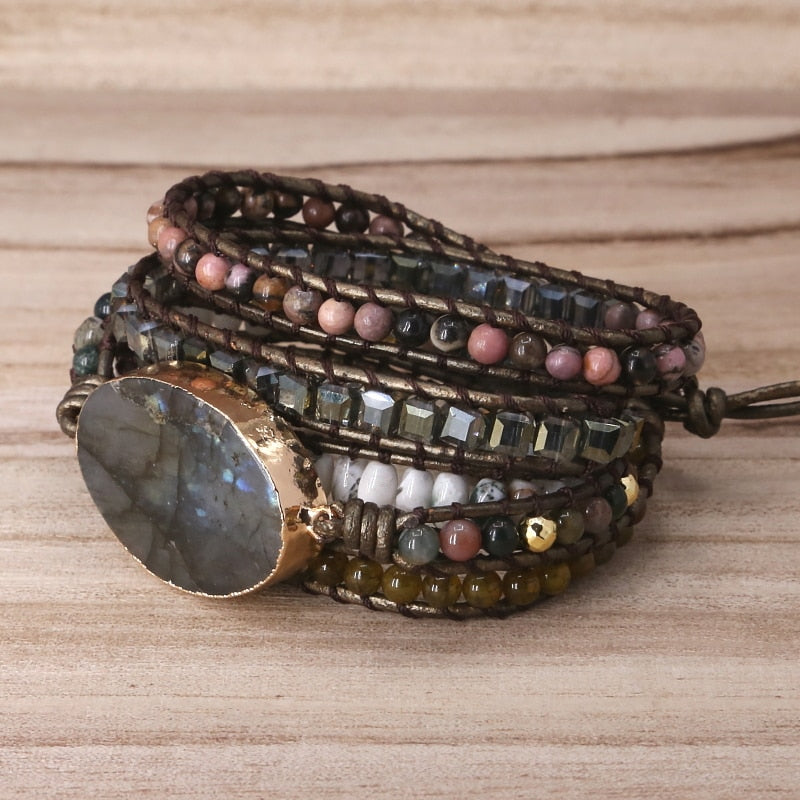 Natural Labradorite, Mixed Agate Beads, Rhodonite & Crystals Leather Wrap Bracelet