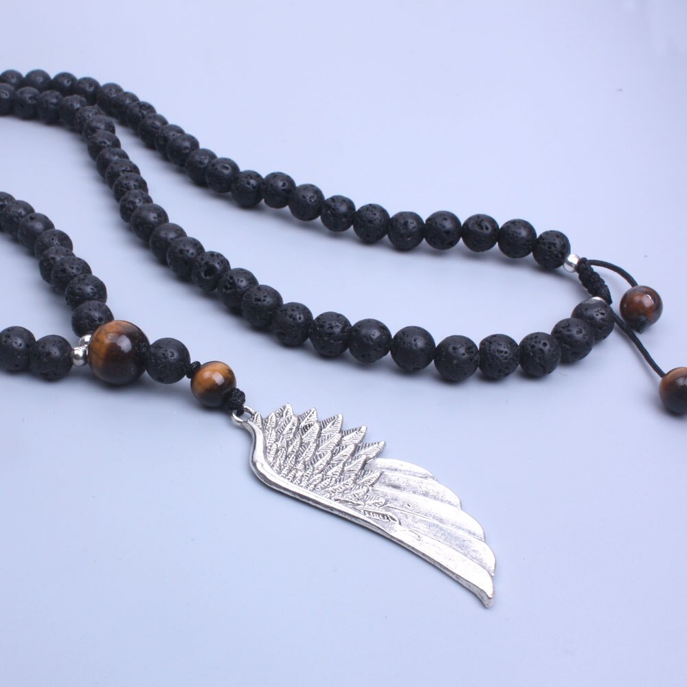 Natural Lava Stones & Tiger Eye Wing Pendant Aromatherapy Necklace